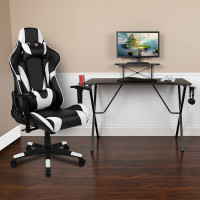 Flash Furniture BLN-X20RSG1031-BK-GG Black Gaming Desk and Black Reclining Gaming Chair Set with Cup Holder, Headphone Hook, and Monitor/Smartphone Stand